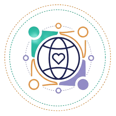 Icon representing Community & Social Impact, with three figures linked together in unity